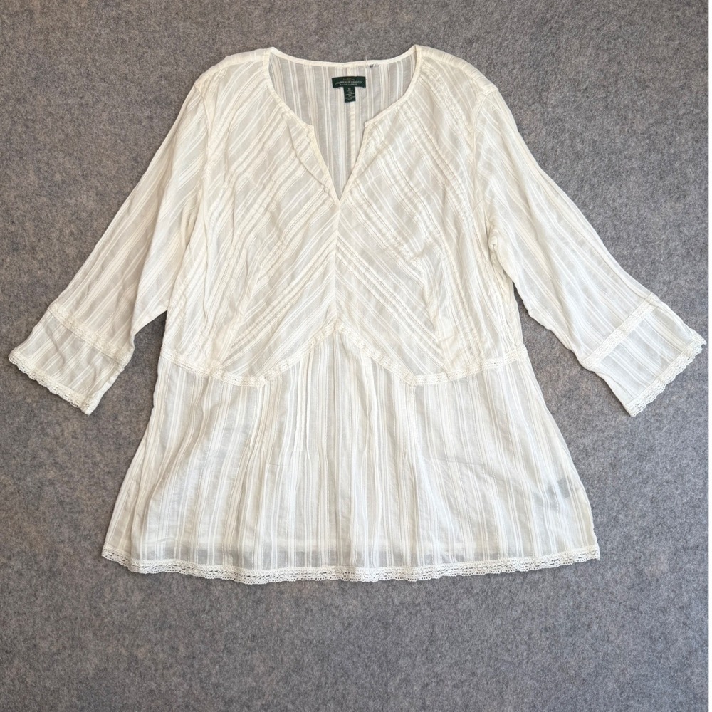 Ralph Lauren White Cotton Blouse Womens 1X Sheer Lace Trim Gauze Boho Peasant